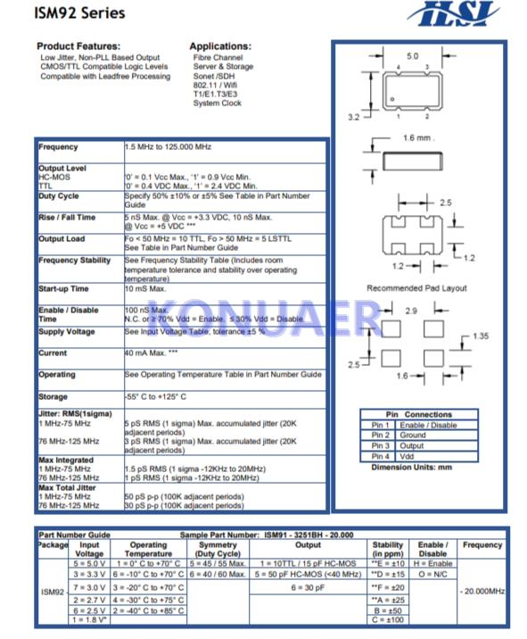 ISM92-1151BH-80.000MHz,艾尔西有源晶振,ISM92贴片晶振
