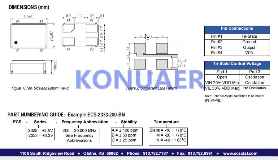 ECS-2333-018-BN-TR,ECS石英贴片晶振,ECS-2333有源晶振